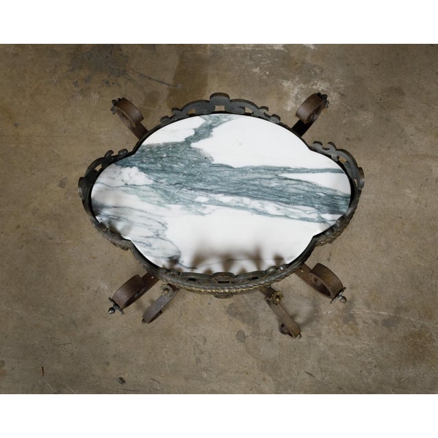 19th Century French Iron and Brass Guéridon Table with Quatrefoil Inspired Marble Top For Sale - Image 10 of 12