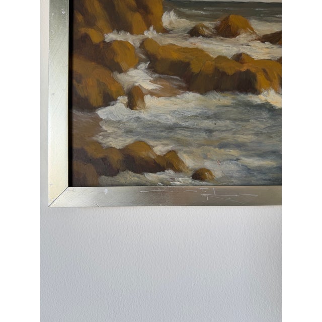 Modern Coastal Ocean Landscape Oil on Board Painting, Silver Wood Frame For Sale - Image 9 of 12