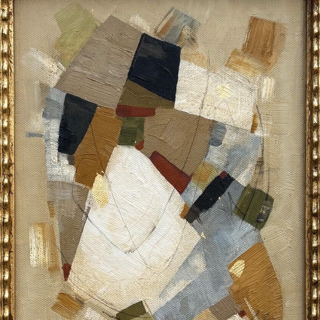 Abstract Contemporary Neutral Abstract Oil Painting in Vintage Gold Frame For Sale - Image 3 of 6
