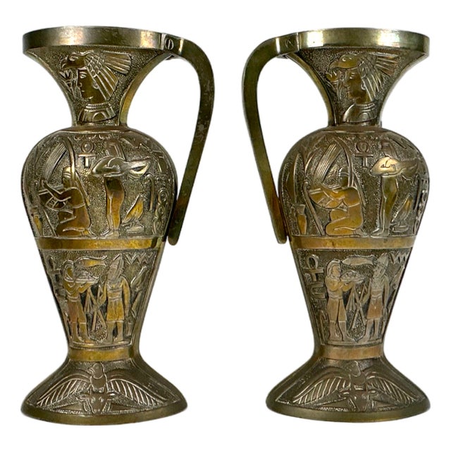 Egiptian Scenes Galvanized Metal Vases, 1900s, Set of 2 For Sale