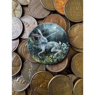 When the Moon Ascends by Bryanna Marie | Oil On Coin of a hare in a moonlit forest setting For Sale