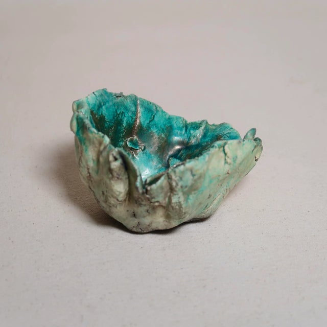 Teal Late 20th Century Contemporary Handbuilt Raku-Fired Ceramic Bowl With Turquoise & Verdigris Glaze For Sale - Image 8 of 10