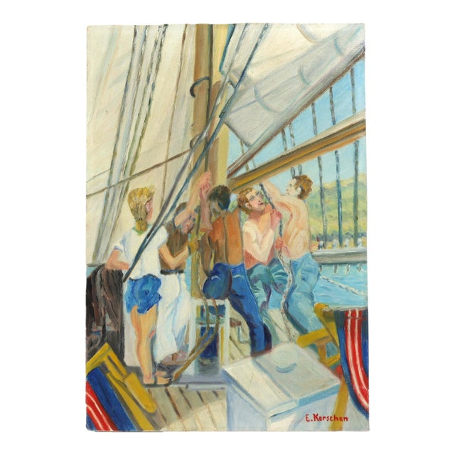 Vintage French Yacht Club Oil Painting For Sale