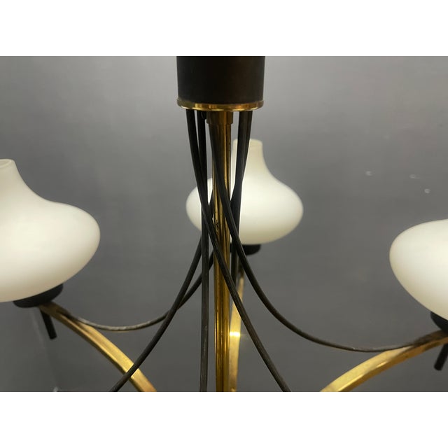 1950s Vintage Brass and Opaline Glass Six-Light Chandelier, 1950s For Sale - Image 5 of 12