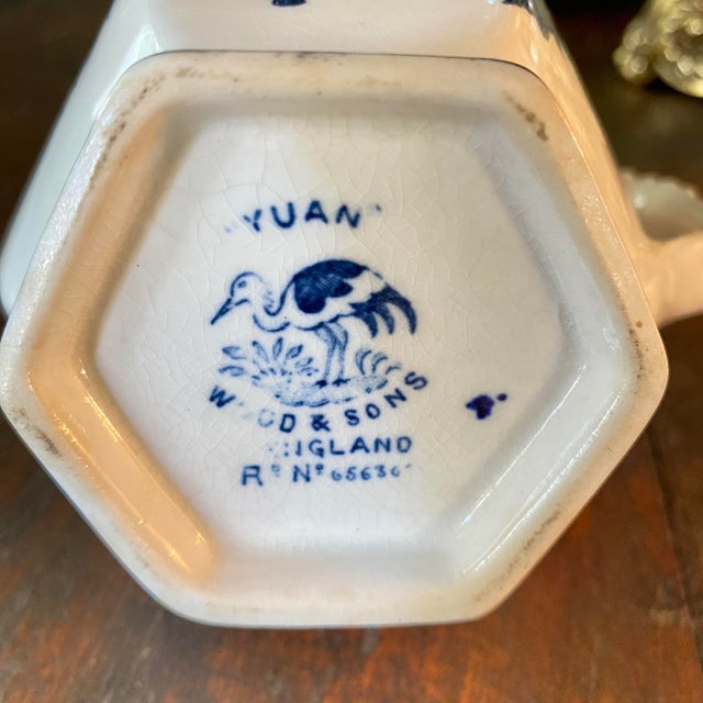 1920s Antique Wood & Sons Yuan Hexagonal Creamer Pitcher 1920's Blue and White For Sale - Image 5 of 12