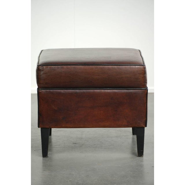 Dark Sheepskin Ottoman with Black Piping For Sale - Image 4 of 10