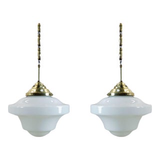 1930s Art Deco Milk Glass Pendant Lights Beautiful Long Chains Made of Brass - a Pair For Sale