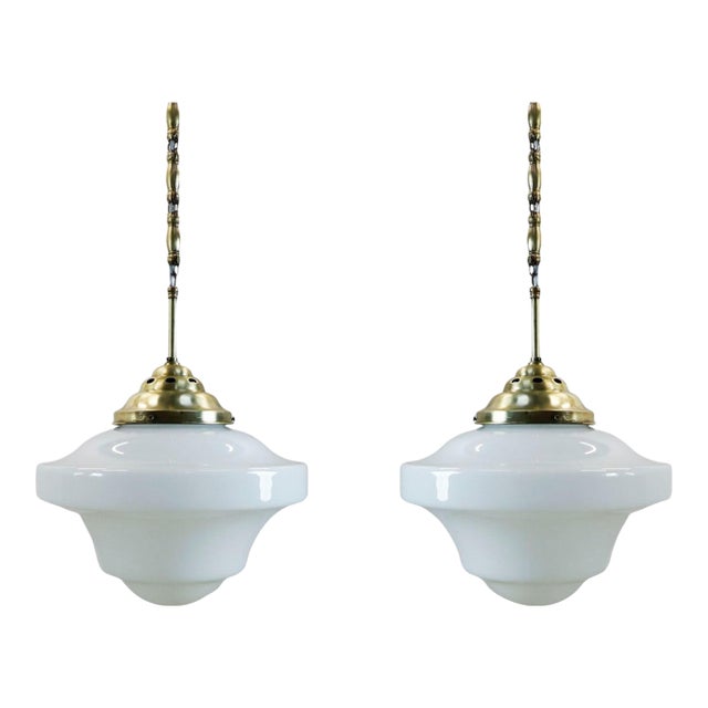 1930s Art Deco Milk Glass Pendant Lights Beautiful Long Chains Made of Brass - a Pair For Sale