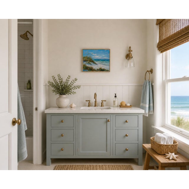 Original oil on canvas by Eaton. Soft turquoise waters roll onto a sandy shoreline framed by windswept sea oats and native...