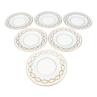 Late 20th Century Minton England Tiffany S600 Gold Laurel Light Blue Bread & Butter Plates- Set of 6 For Sale