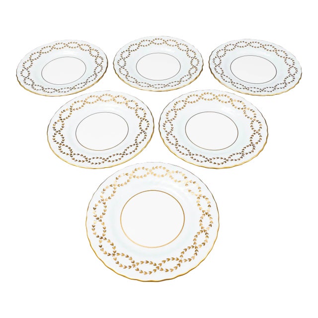 Late 20th Century Minton England Tiffany S600 Gold Laurel Light Blue Bread & Butter Plates- Set of 6 For Sale