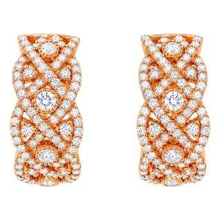 Late 20th Century 14K Rose Pink Gold Diamond Woven Hoop Earrings, Pair For Sale