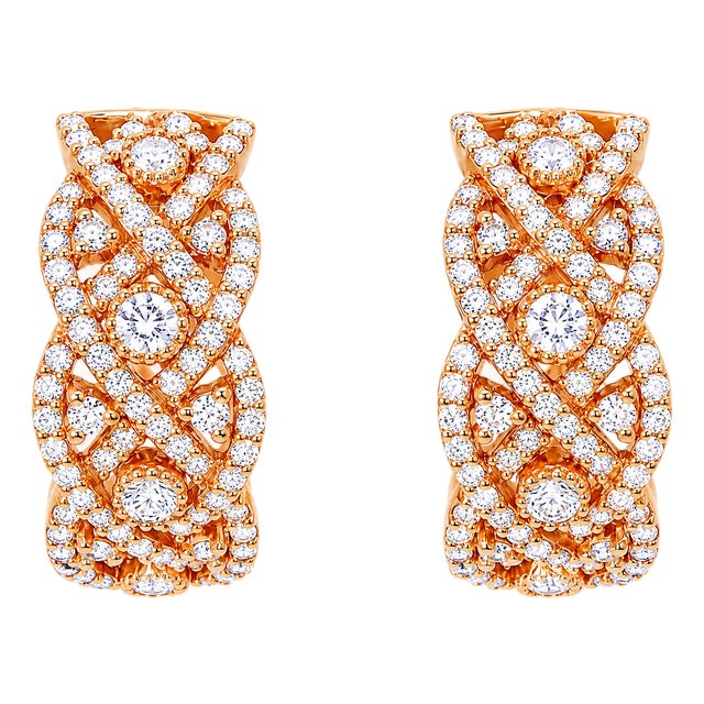 Late 20th Century 14K Rose Pink Gold Diamond Woven Hoop Earrings, Pair For Sale