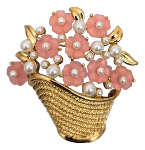 Vintage 1980s Signed Napier Pink Rhinestone Flowers & Faux-Pearls in a Basket Brooch