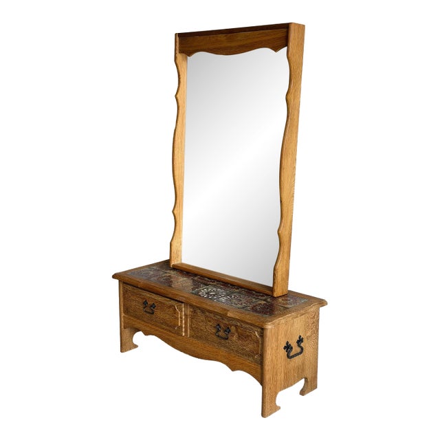 Vintage Danish Oak Entryway Table With Mirror & Tile Top Henning Kjærnulf Style For Sale