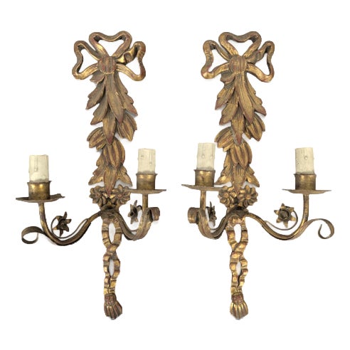 Italian Wall Sconces in Gilded Wood, Set of 2 For Sale