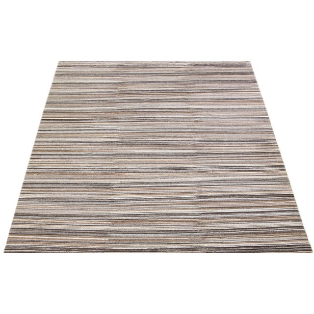 Indian 2010s Modern Apadana's Groove Handmade Brown Bamboo/Silk Rug With Stripe Motif For Sale - Image 3 of 7