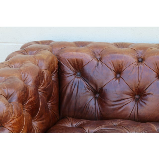 Mid-Century Modern Vintage Tufted Brown Distressed Leather For Sale - Image 3 of 18