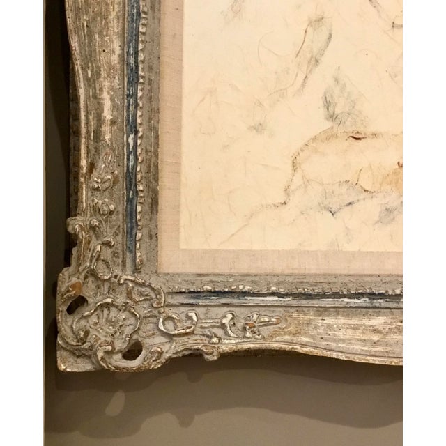 Stylish 1960’s Signed Vintage Lady In a Hat Custom Farmed Painting. Carved gray wash frame with oatmeal linen liner