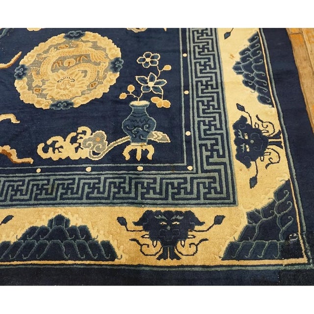 Antique Traditional Elements Chinese Peking Floral Medallion Blue 1880s Rug For Sale - Image 9 of 10