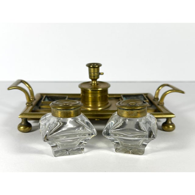 19th Century Victorian Brass Double Inkwell & Candle Holder Set: English Antique For Sale - Image 4 of 10