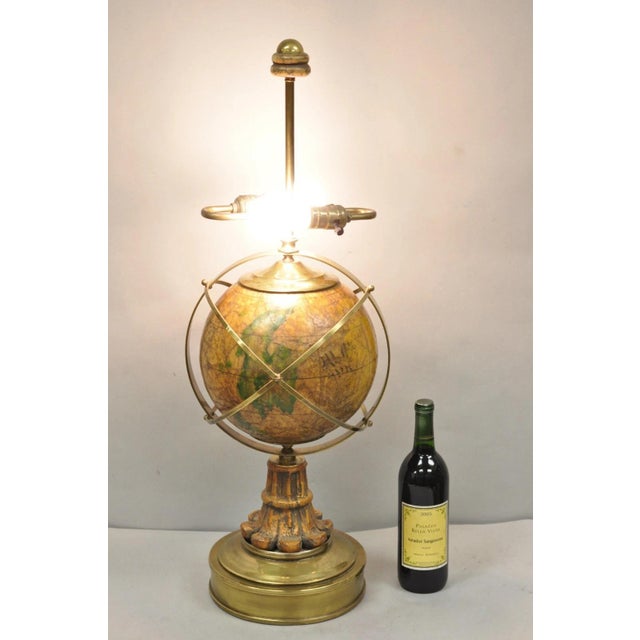 Vintage Italian Regency Style Brass & Wood Old World Globe Table Lamp by Hart. Circa Late 20th Century. Measurements: 33"...