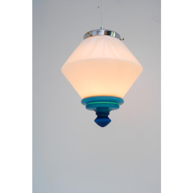 Scandinavian Art Deco Milk Glass Pendant Light with Azure Blue Details, 1930s For Sale - Image 10 of 17