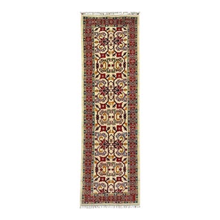 Cream and Red Kazak Wool Runner Rug, Tribal Hallway Rug, 2'8" X 8'9" For Sale