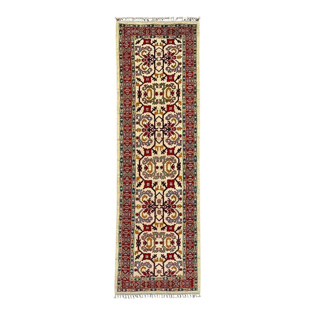 Cream and Red Kazak Wool Runner Rug, Tribal Hallway Rug, 2'8" X 8'9" For Sale