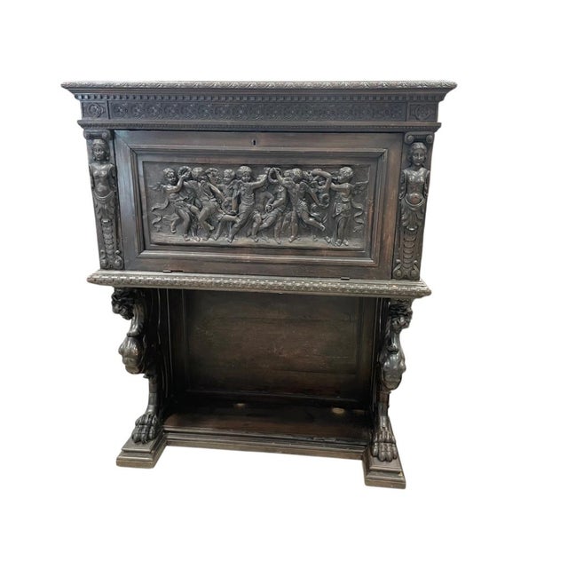 Traditional Antique Renaissance Revival Carved Wood Cabinet With Figural Relief & Lion Supports For Sale - Image 3 of 18