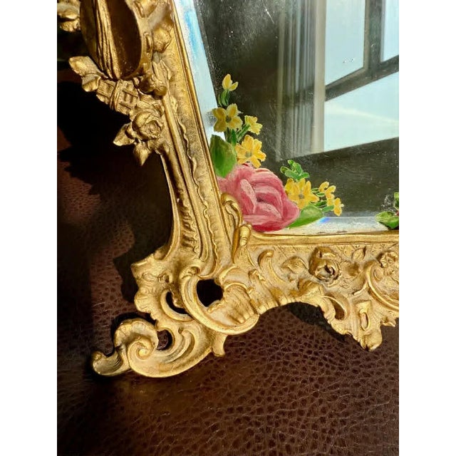 Antique Italian Rococo-Style Table Mirror With Gilded Metal Frame, Featuring Putti (Cherubs) Decor and Floral Painting For Sale - Image 12 of 13