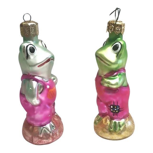 Pair 1990s Christopher Radko Christmas Ornaments "Frogs" For Sale