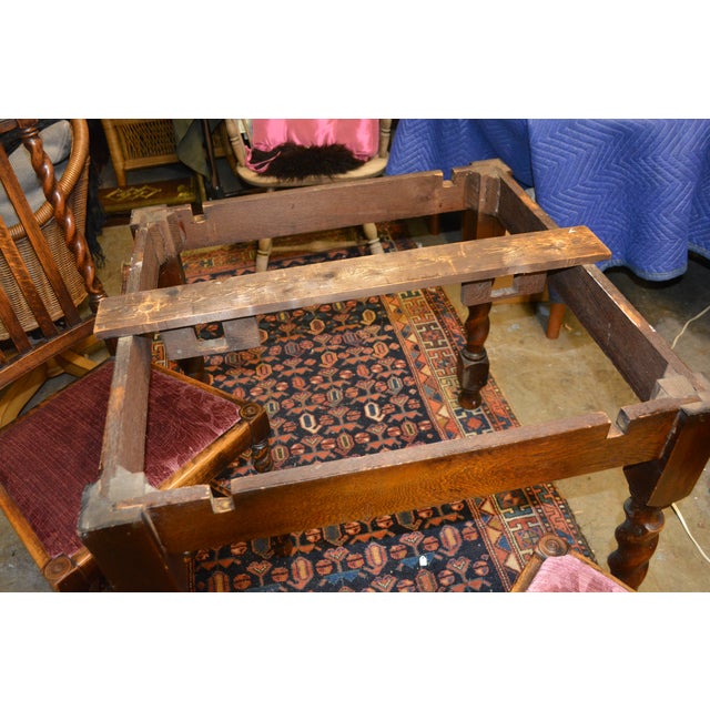 1930s Vintage English Oak Barley Twist Extending Pub Table & 4 Dining Chairs Set W/ Wine Upholstery - Set of 5 For Sale - Image 6 of 18