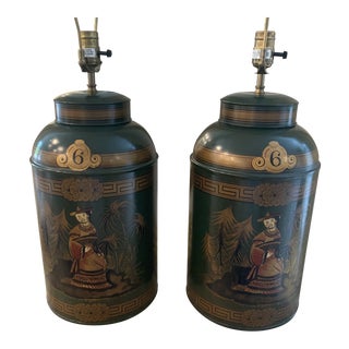 Large Dark Green Handpainted Chinoiserie Tole Tea Cannisters Now Table Lamps- a Pair For Sale