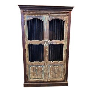 Handcrafted Reclaimed Wood Armoire With Iron Jali Bar Doors For Sale