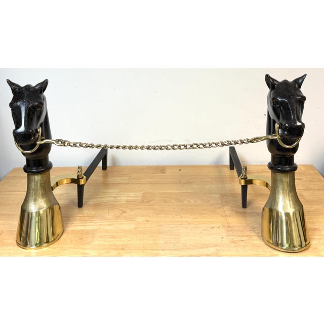 19th Century English Brass & Iron Horse Motif Andirons with Removable Chain For Sale - Image 9 of 18