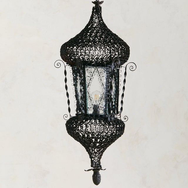 Islamic Early 1900s Italian Wrought Iron + Glass Lantern Pendant For Sale - Image 3 of 8
