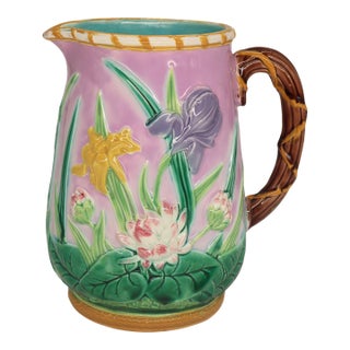 George Jones Majolica Iris & Water Lily Pitcher, English, Ca. 1875 For Sale