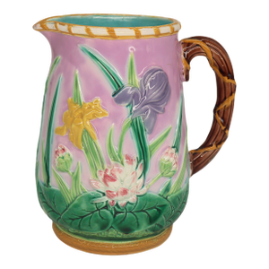 George Jones Majolica Iris & Water Lily Pitcher, English, Ca. 1875