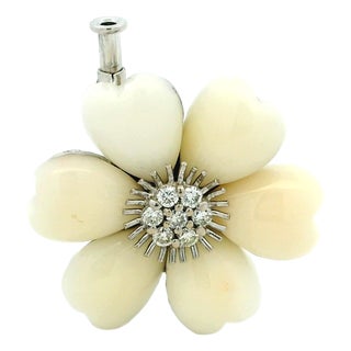 Vintage Italian 18k White Gold Mother-of-Pearl Diamond Flower Brooch, 1970s For Sale