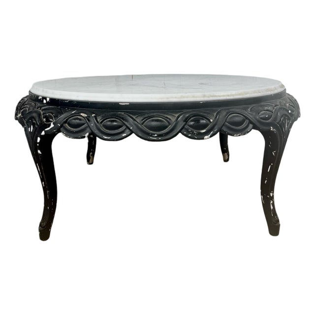 Vintage French-Style Round Marble-Top Coffee Table With Black Cabriole Base For Sale