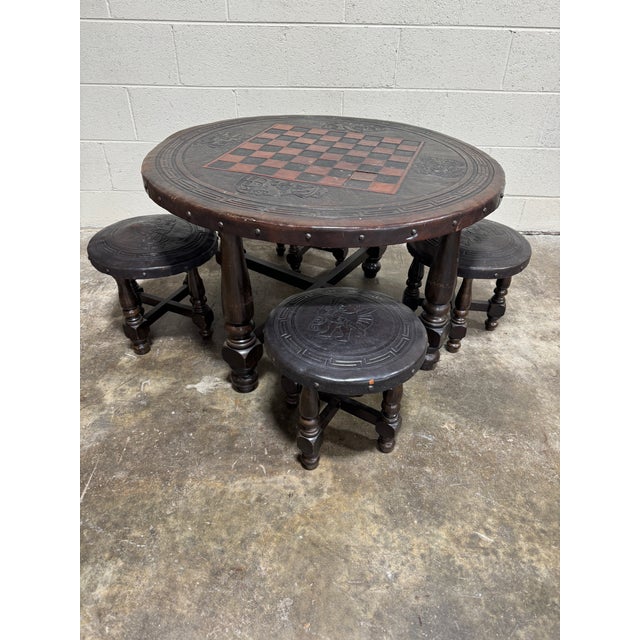 Unique Peruvian chess checkers leather top offee table and four stool. Lets face it, the stools are too low for anyone...