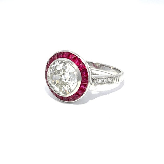 Vintage Platinum 3.17cts Old European Cut Diamond and 1.19cts Ruby Halo Ring, Size 6.5 For Sale - Image 9 of 12