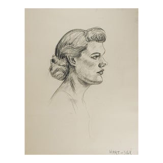 Vintage 1950s Century Portrait Drawing of Woman For Sale