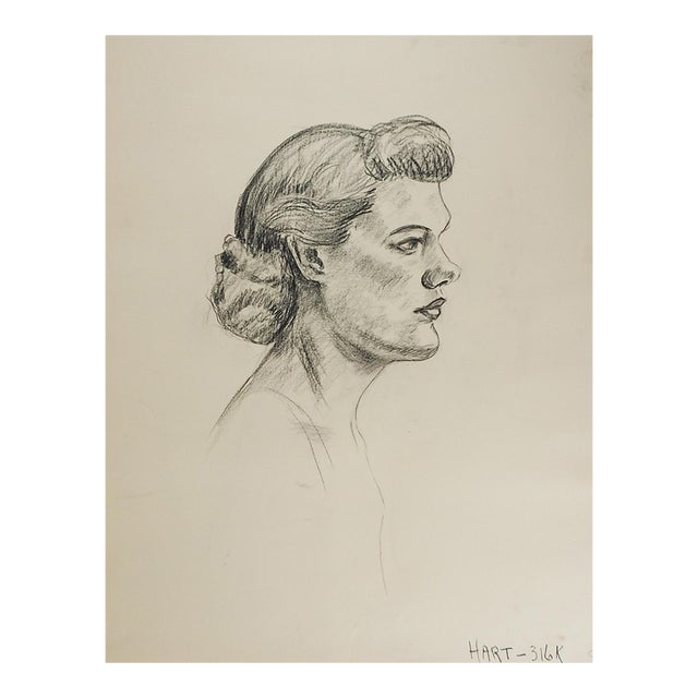 Vintage 1950s Century Portrait Drawing of Woman For Sale