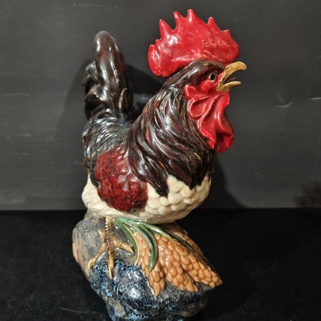 Mid 20th Century Mid 20th Century Ceramic Rooster Figurine "Abundant Harvest," Red Comb & Black Tail, Rice-Ear Base For Sale - Image 5 of 6