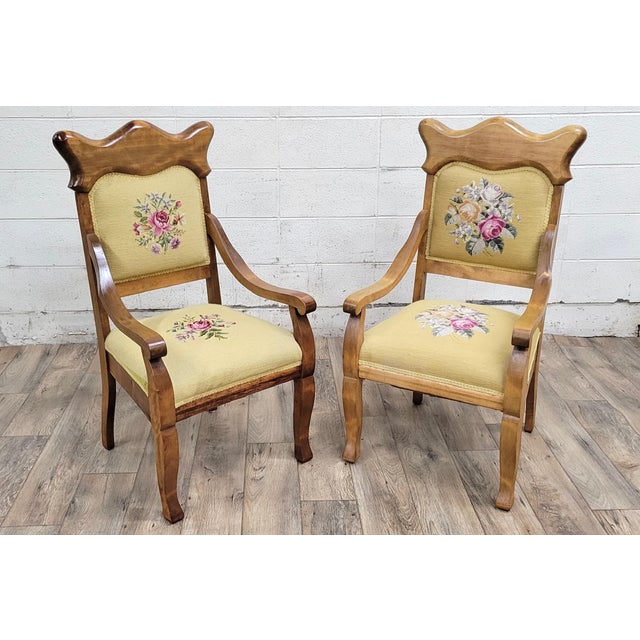 This is a gorgeous pair of vintage French Louis XV Empire style needlepoint arm chairs. Wood appears to be either beech or...