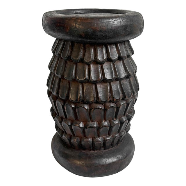 Vintage Small Bamileke Feather Wood Stool For Sale