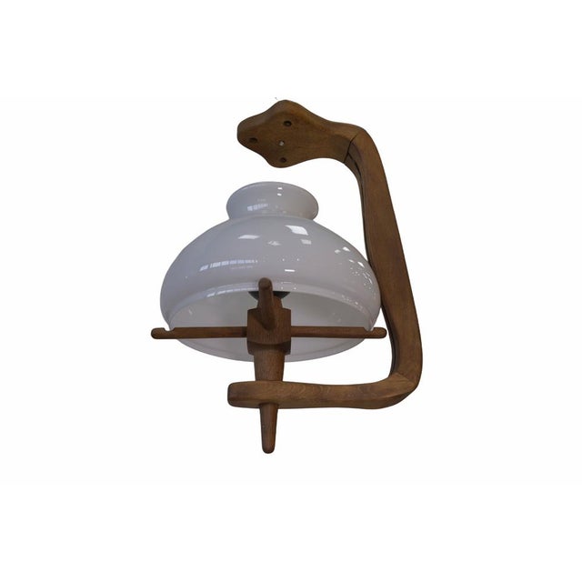 Guillerme et Chambron Opaline and Oak Pendant Light by Guillerme & Chambron, 1950s For Sale - Image 4 of 7