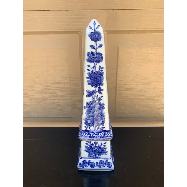 Blue Late 20th Century Neoclassical French Country Porcelain Blue and White Obelisk For Sale - Image 8 of 11